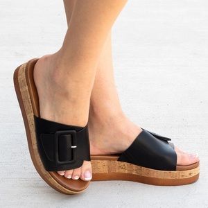 Bamboo black buckle platform sandal cork heels vegan leather